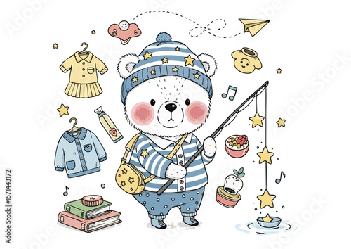 Adorable bear fishing surrounded by various cute items on a white background