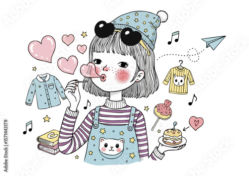 Cute girl blowing a bubble gum surrounded by various playful items 
