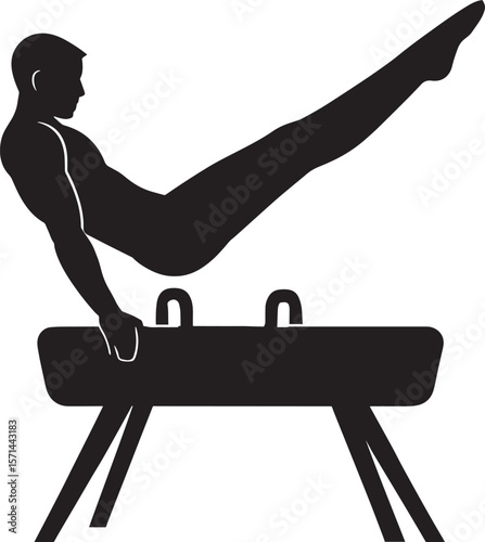 "Male Gymnast Silhouette on Pommel Horse – V-Shape Routine Vector Clipart on White Background
