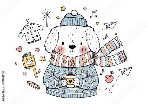 Adorable dog holding a cup of drink surrounded by various cute items on a white background
