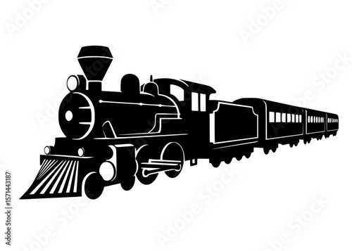 Silhouette of a classic steam train with passenger cars.
