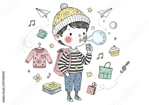 Cute boy blowing bubbles surrounded by various playful items 
