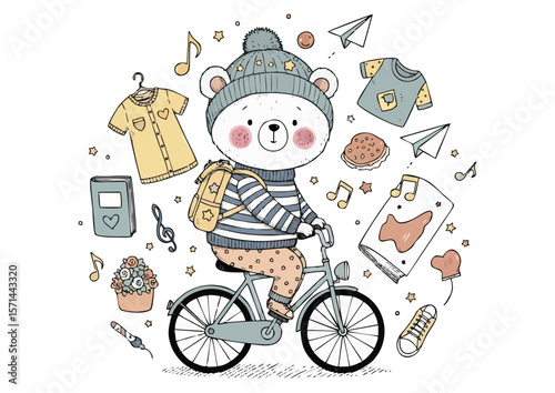 Adorable bear riding a bicycle surrounded by various items 