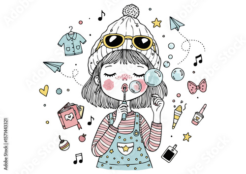 Cute girl blowing bubbles surrounded by various playful items 