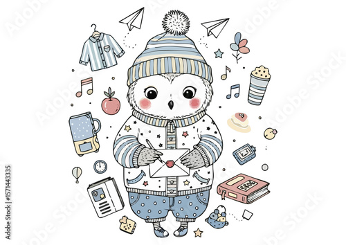 Adorable owl writing a letter surrounded by various cute items 
