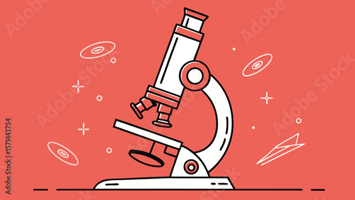 Illustration of a white microscope with red accents on a red background with abstract shapes around it