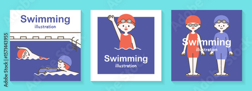 水着を着てプールで泳ぐ子どもたちのイラストセット_2