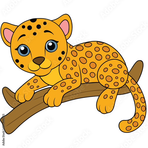Adorable leopard cub resting peacefully on a tree branch in a natural setting