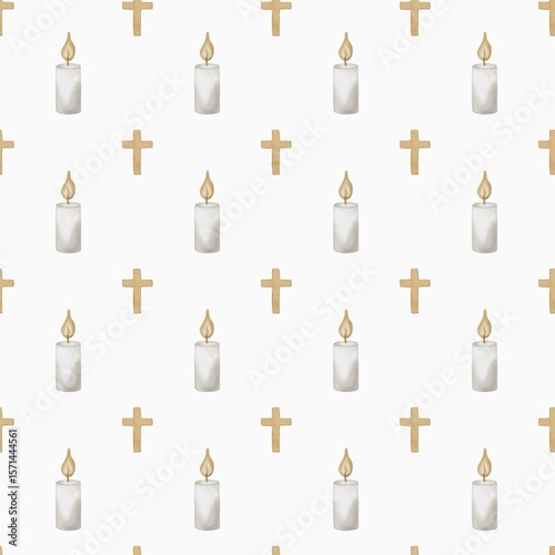 Watercolor pattern design featuring candles and crosses for packaging and textile use