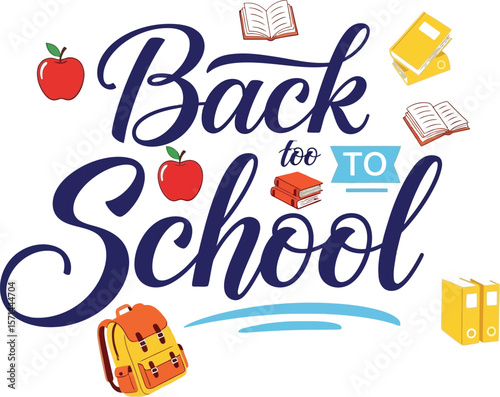 Back to school design with apples books and backpack on a white background