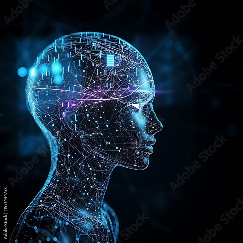 Ultra HD footage of AI human like robot having dots connections and rays with different angles