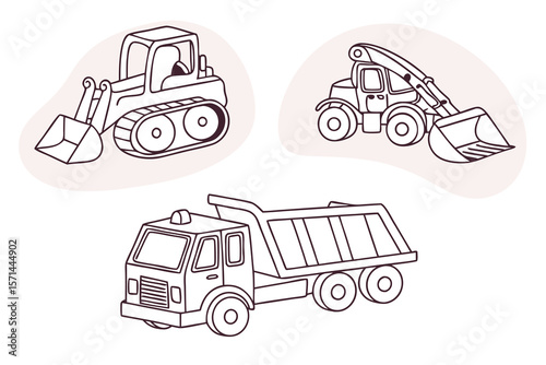 Illustration of a dump truck and two different types of excavators in a line art style drawing style