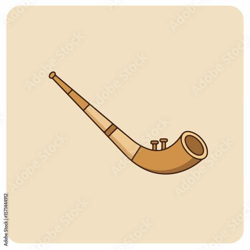 Alphorn musical instrument on beige background in a stylized cartoon drawing.