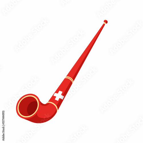 Red alphorn isolated against white, quintessential Swiss wind instrument. This alphorn is traditional instrument, embodying sound effects and musical heritage.
