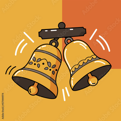 Two hanging bells with intricate ornamental patterns create festive holiday decor. Decorative hanging bells bring celebratory touch, adding whimsical accent,