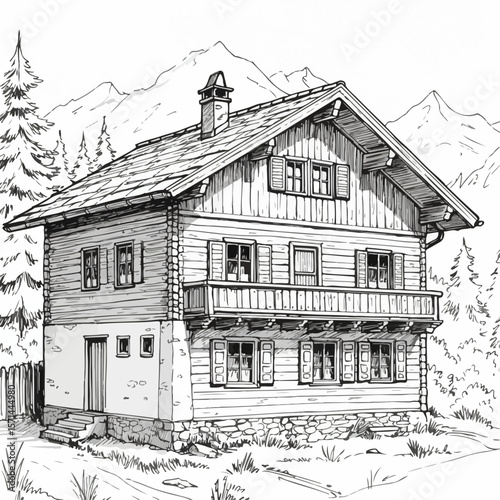 Alpine home illustration displaying log cabin architecture with snowy mountainous landscape. Log cabin illustration showcases timber construction, rustic shutters,