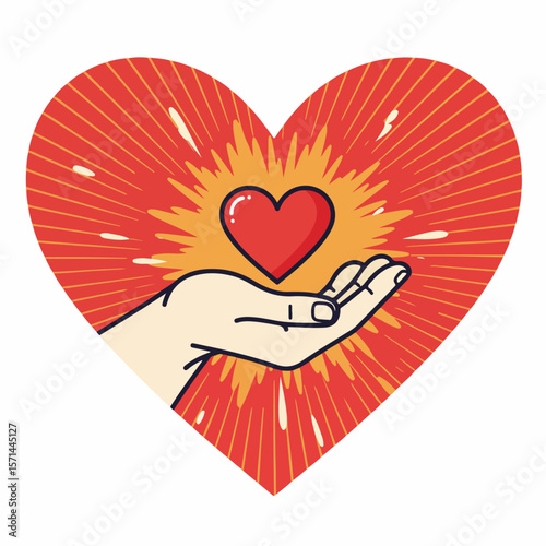 Open hand giving a heart in radiant burst for emotional effects. Heart in open hand symbolizes care and affection, with heart shape background enhancing emotional effects.