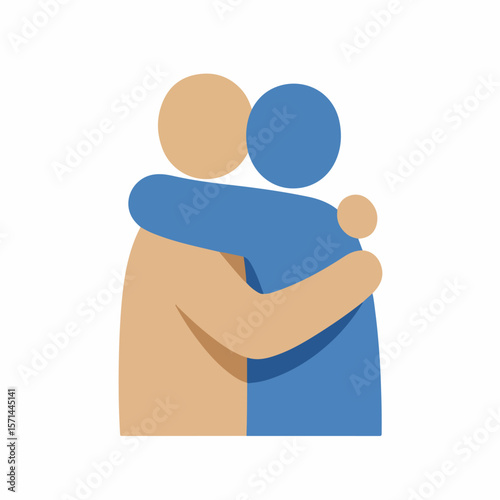 Embrace showing interpersonal connection between two people, depicted with simple geometric shapes. Embrace illustrates themes of support, empathy, and friendship.