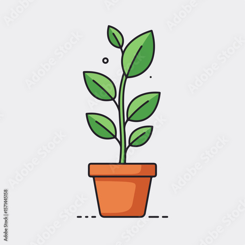 Isolated potted plant features lush green leaves in minimal style. Potted plant illustration is designed for various projects, from ecological themes to interior design and decoration.