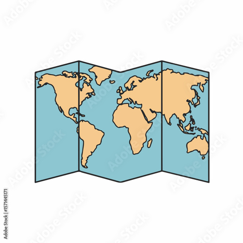 World map illustration shows folded continents in blue and beige, presenting a flat world map. This folded view emphasizes earth exploration effects.