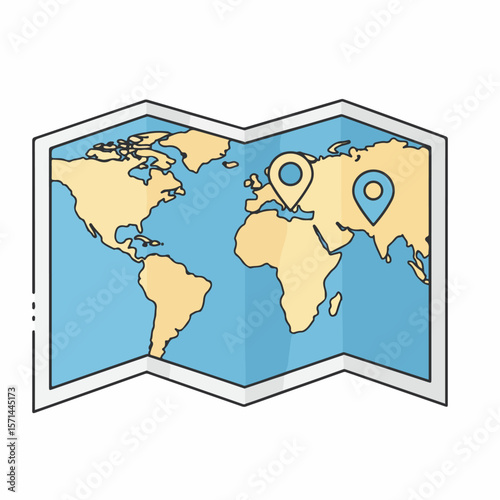 Folded world map featuring location pins, ideal for travel and exploration visuals. World map shows continents and oceans, indicating FX-inspired journeys and destination planning.