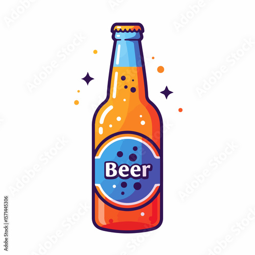 Fresh beer bottle with fizzy brew and label illustration for bar or brewpub promotion. Beer bottle presents refreshing alcoholic beverage for festive occasions,