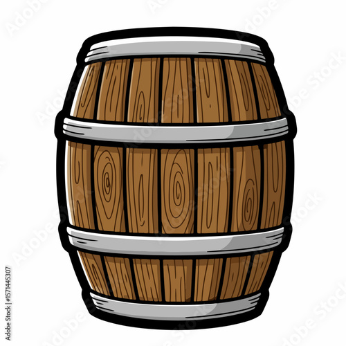 Isolated illustration of wooden barrel on white background, a classic vessel. Wooden barrel for aging wine and spirits, or storing ingredients with old world style.