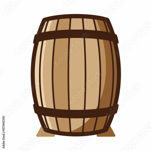 Wooden barrel showcasing its cylindrical shape with dark brown hoops, barrel is ideal for brewing or storing wine or whiskey. Barrel with vertical planks and sturdy base,
