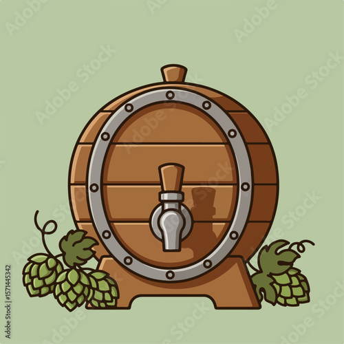 Beer illustration with wooden barrel and hop cones, providing visual effects for advertising. Detailed image of beer illustration with faucet, brewing equipment, and hop plant. For beer illustration,