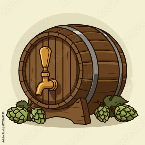 Illustration of wooden barrel with tap, showcasing brewing effects. Brewing effects are seen in barrel with hops and golden tap, hinting at beer production and flavor infusion.
