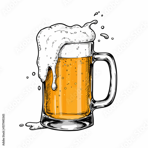 Refreshing beer illustration in sketch style features a frothy mug with overflowing foam and cool condensation. Beer illustration captures essence of a perfect brew, conveying refreshing,