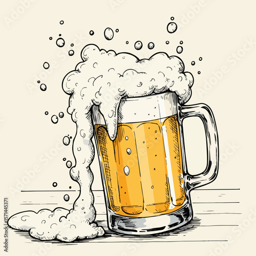 Illustration of mug with frothy beer overflowing. A beer illustration with overflowing foam shows celebratory mood and enjoyment. Enjoy fresh beer illustration for brewery promotions, product visuals,