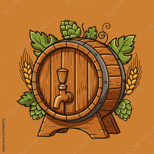 Wooden beer barrel with vintage tap and decorative hop leaves creates image fx. A charming beer barrel illustration evokes nostalgia,