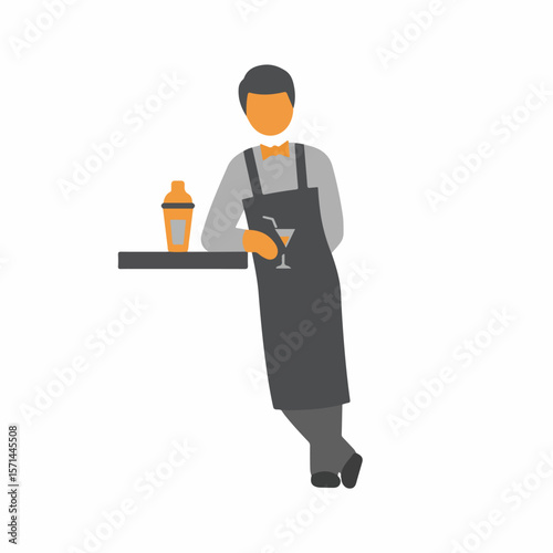 Bartender illustration leaning on bar counter with cocktail shaker. Bartender illustration features a server in apron, ready to craft drinks, emphasizing quality and professionalism for any occasion.