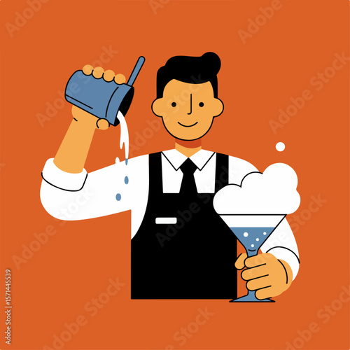 Bartender creating a cool image fx drink, illustrated with frothy foam and a professional mix.