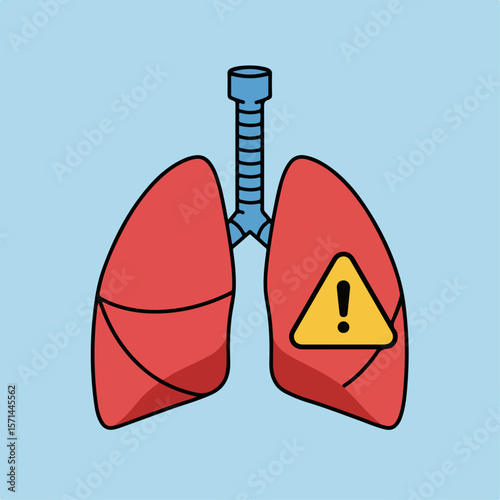Lung health illustration with triangular warning sign for medical fx. Pulmonary health depicted with caution symbol and airways, showing respiratory system components.