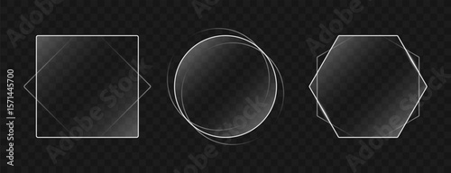 Frames with glass effect of different shapes isolated on black background