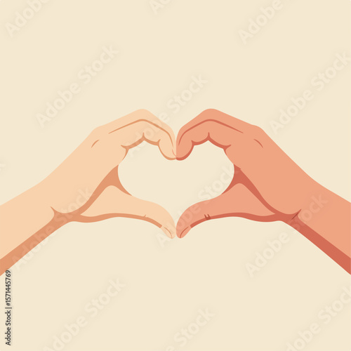 Hand gesture creating heart shape with two hands and different skin tones showing interracial unity. Heart shape hand gesture symbolizes unity.