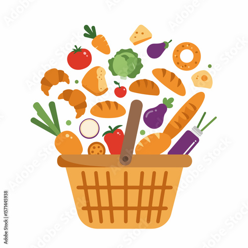 Groceries overflowing from market basket, showcasing diverse foods and fresh produce. Market basket holds bread, vegetables, and fruits, highlighting nutritional value and healthy lifestyle.