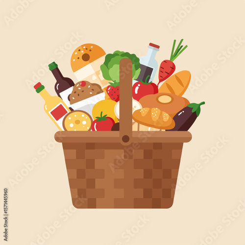 Picnic basket brimming with delicious food and refreshing beverages, vector style. Picnic basket displays abundance of fresh produce, bottled drinks, baked goods, creating inviting composition.
