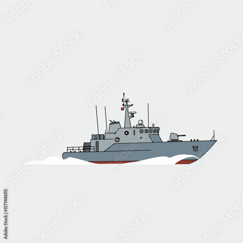 Illustration shows military ship, gray patrol boat sailing, maritime vessel on navigation. Military ship is on navy service and maritime transport with artillery equipment, radar, and antennas.