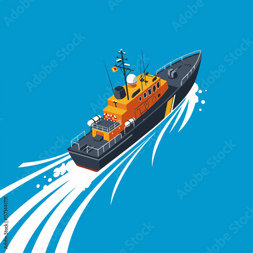 Coast guard boat heads out to sea for a maritime search operation. Coast guard boat moves swiftly in patrol, cutting through ocean waves in maritime search. A modern coast guard boat on patrol,