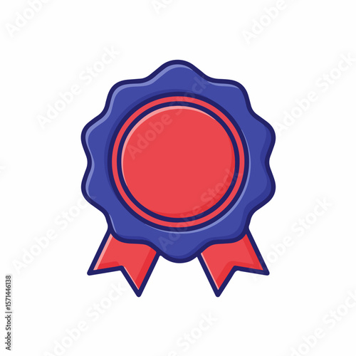 Award image of a red seal and blue ribbon for achievements and recognition. Award image suggests excellence with success reward, vector style graphics, and an accolade design element.