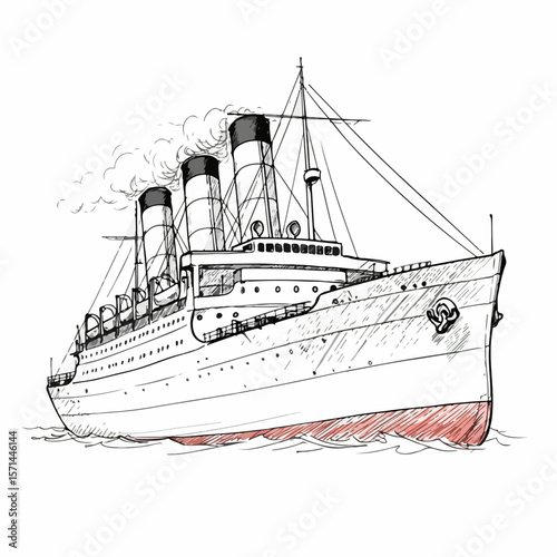 Illustration showing a vintage ship on white background, reminiscent of ocean liners of past eras, an image suitable for projects reflecting themes related to historical travel.