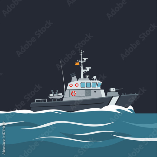 Coastguard cutter patrolling at sea for maritime enforcement illustration. Illustration of coast guard vessel, sailing through ocean waves for search and rescue operations, represents safety and law.