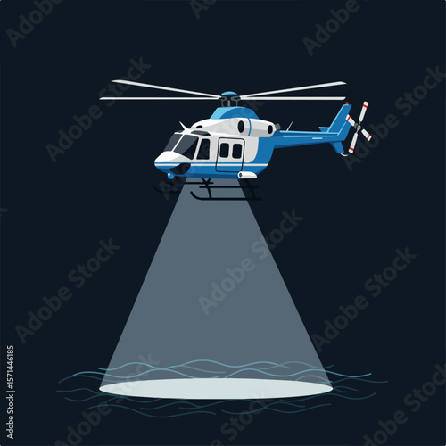 Helicopter with searchlight above water illustration for safety. Helicopter with searchlight is an emergency vehicle for air search and rescue,