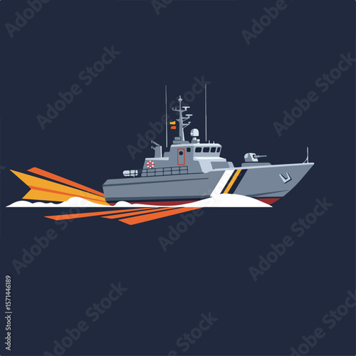 Illustration of patrol boat on blue background, depicting force and speed with stylized orange and yellow trails. Patrol boat shows maritime power and symbolizes coast guard vigilance,