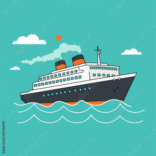 Cruise ship sailing with white clouds and sun. Cruise ship cruises through turquoise waters, showcasing escape and leisure.
