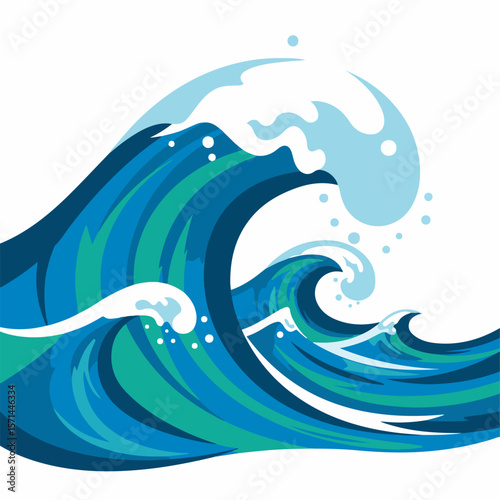 Digital effect sea waves in blue and green hues, showcasing oceanic energy and fluid dynamics. Sea waves curl and crash, their motion frozen in this detailed illustration.
