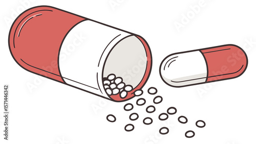 Illustration of an open red and white capsule with pills spilling out next to a closed capsule